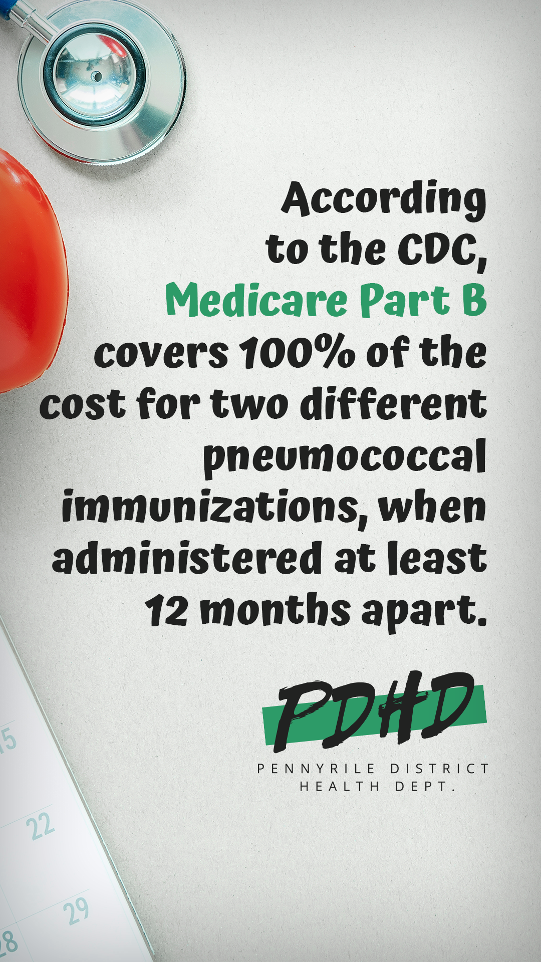 According to the CDC, Medicare Part B covers 100% of the cost for two different pneumococcal immunizations, when administered at least 12 months apart.